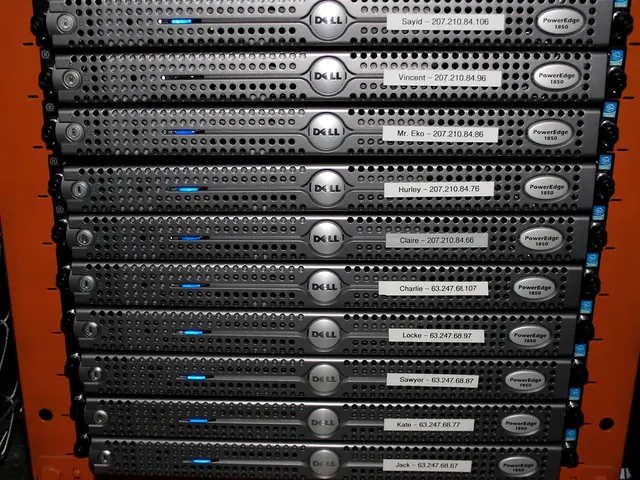 A rack of 1U servers with their front bezels and drive bays visible